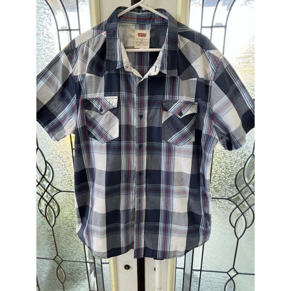 Levi's Men's Polo Shirt XL Plaid Blue White Short Sleeve Button-down Cotton